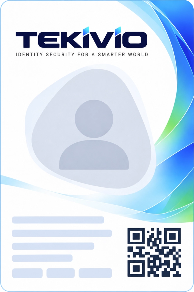 Tekivio identity credential card with brand artwork and QR code