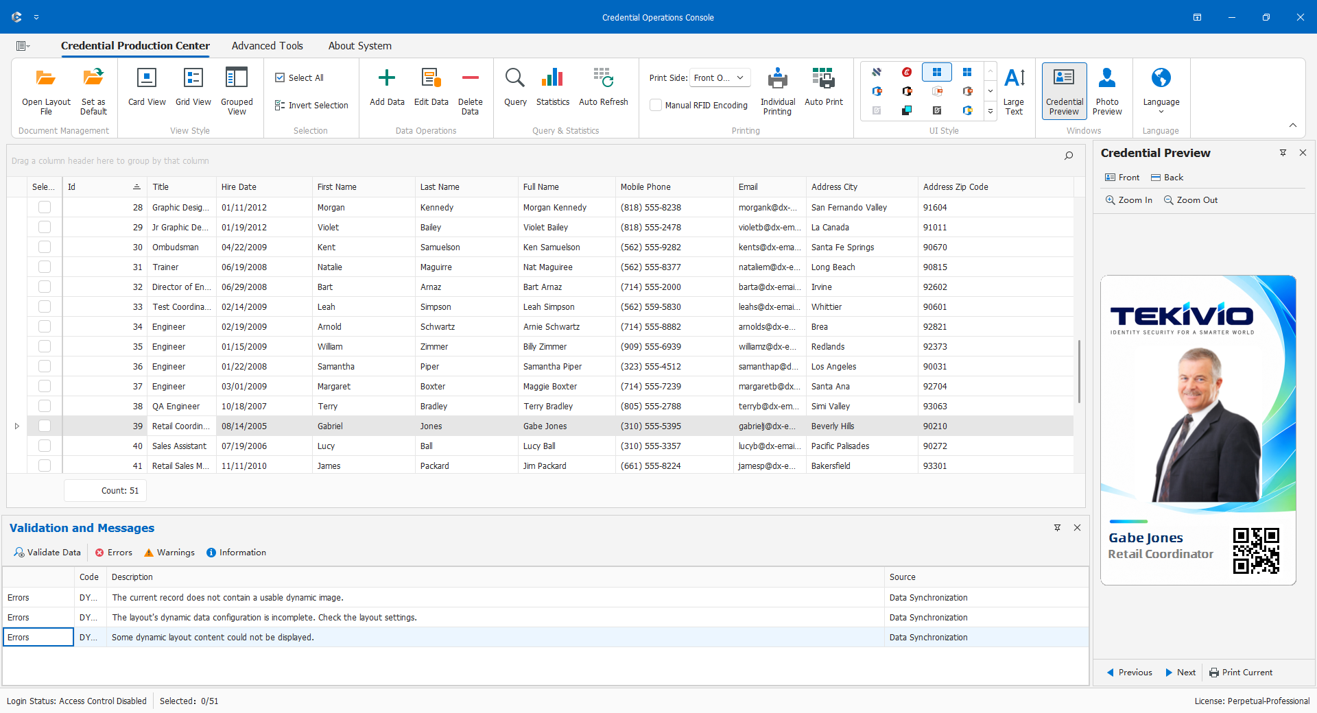 Credential Operations Console records and printing workspace